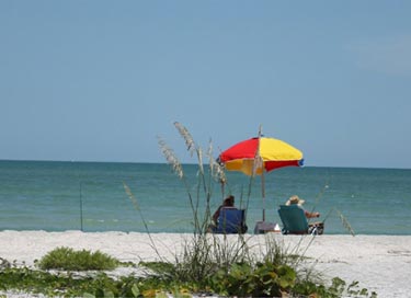 People sitting in beach chairs by the ocean