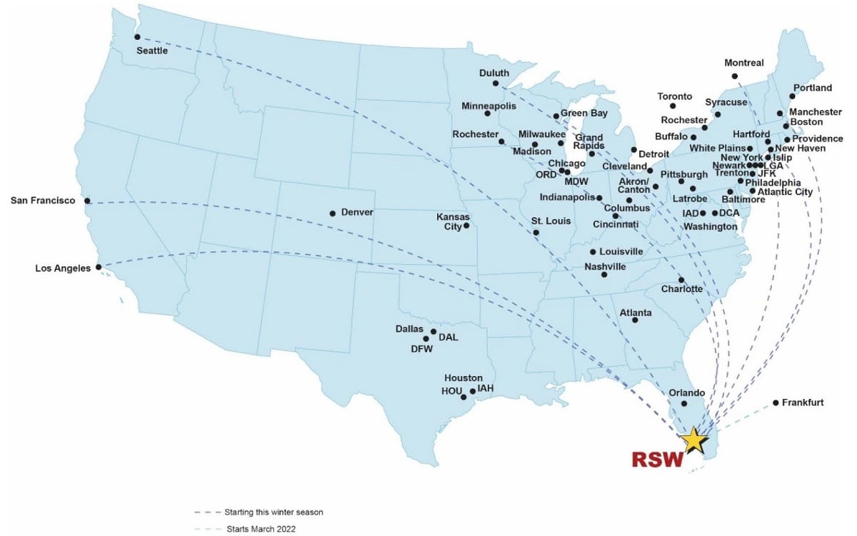 Map of the United States with flight paths to Fort Myers